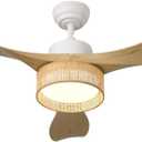 52 inches LED Bamboo DC Ceiling Fan with Light Fixture and Remote Control,Boho Wooden Bohemian Dimmable Rattan Wicker Fandelier for Indoor,Outdoor,Bedroom,Living room,Dining room