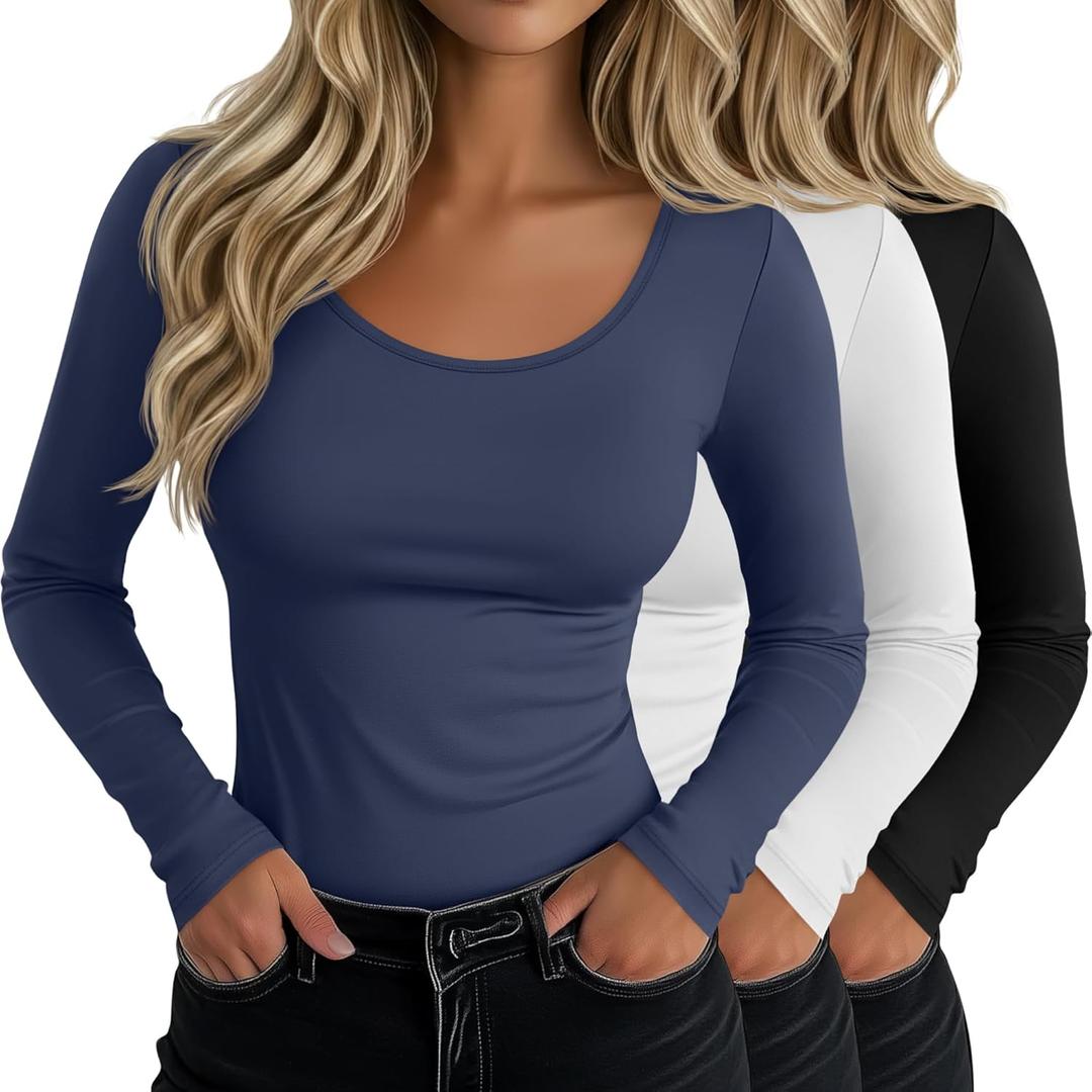 Neer 3 Pack Women's Scoop Neck Long Sleeve T-Shirts Slim Fitted Underscrubs Tops Stretchy Tight Casual Basic Layer Shirts (Haze Blue, Black, White, S)