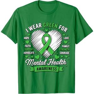 Green Ribbon Mental Health Awareness Month Support T-Shirt Size M, Kelly Green