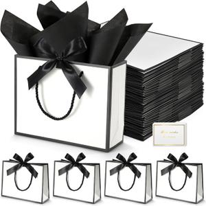 DOYIDE 50 Pcs Thank You Gift Bags with Tissue Paper, 9x7x3.1in Gift Wrap Bags with Handles and Bow Ribbon, Thank You Bag for Valentine Wedding Birthday Bridesmaid Holiday Party Favors (White and Black)