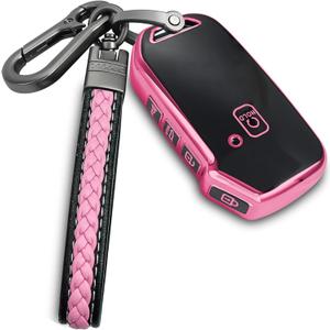 Kia Key Fob Cover With Metal/Leather Keychain, TPU 5 Buttons Case, Compatible With NIRO Sorento Seltos Soul Telluride Cerato Ceed Forte Remote Smart, Car Accessories, Pink