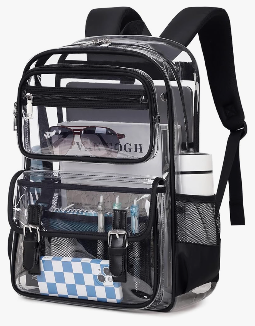 Large Clear Backpack Transparent Heavy Duty School PVC Bookbag See Through Bag Boys and Girls for College Work Travel Security, Black