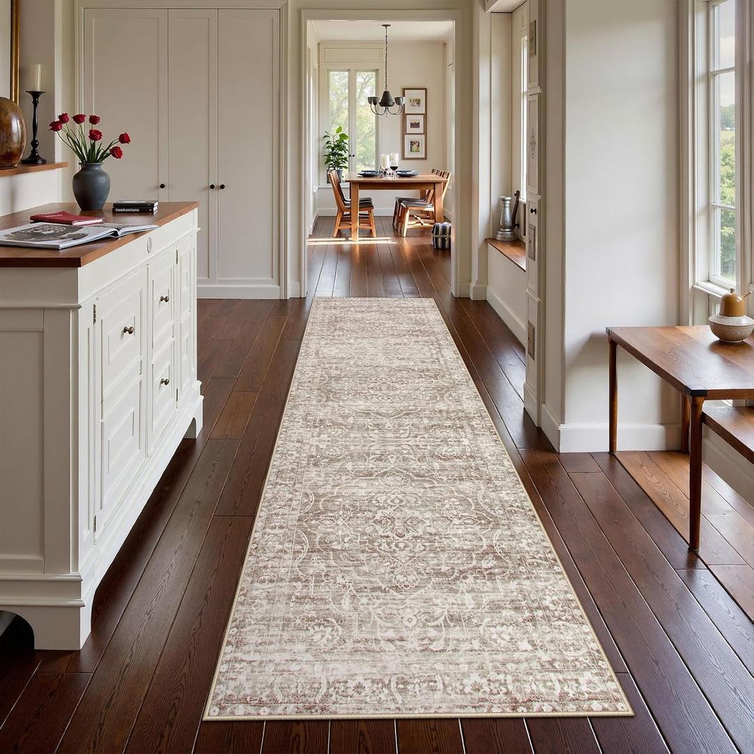 Lahome Runner Rug for Hallway 2.5x10, Washable Kitchen Runner Rugs Ultra-Thin Non Slip, Neutral Boho Print Long Farmhouse Indoor Carpet Runner for Entryway 10ft Aube (Taupe, 2'5''x10')