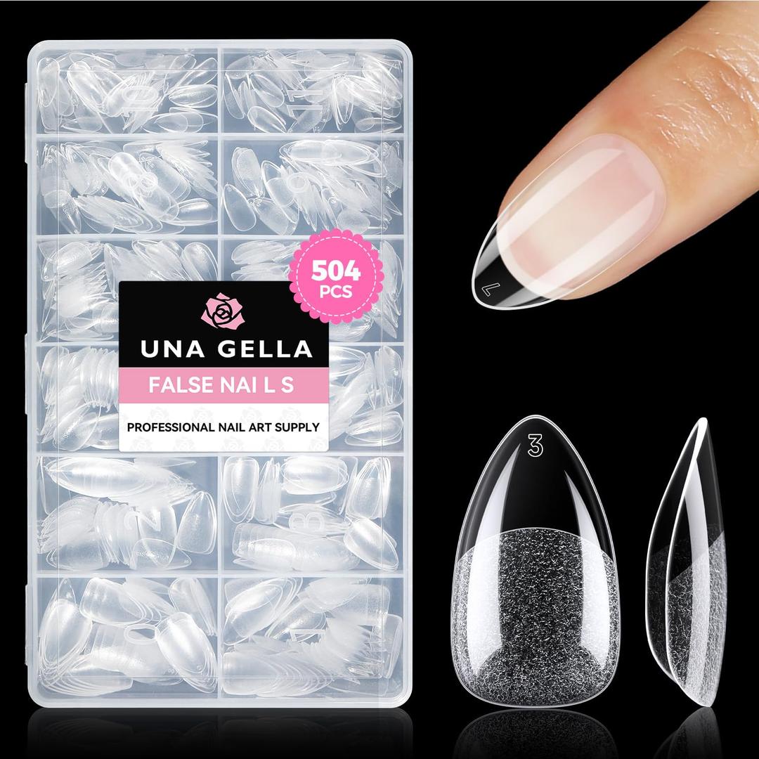 UNA GELLA Short Almond Nail Tips: 504PCS Short Fake Nails Soft Press On Gel Nail Tips Pre Shaped Almond Shape Home Nail Extension Full Cover, 12 Sizes Acrylic Gelly Tips, Short Almond