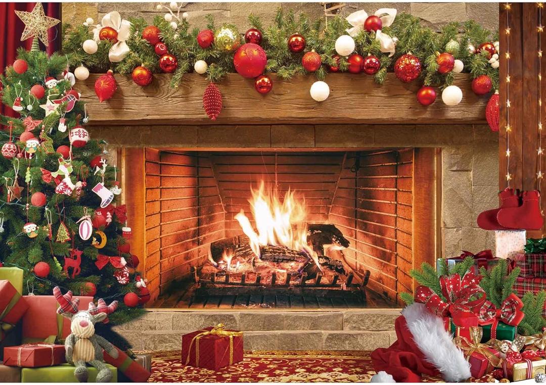 Msocio 7x5ft Polyester Fabric Christmas Fireplace Backdrop Vintage Xmas Tree Sock Background Photography for Kids Portrait Party Decorations Photo Studio Booth Props Decor Supplies