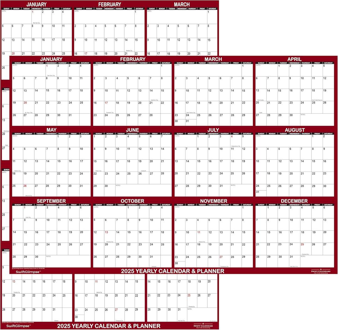 24" x 36" SwiftGlimpse 2025 Wall Calendar Erasable Large Wet & Dry Erase Laminated 12 Month Annual Yearly Wall Planner, Reversible, Horizontal/Vertical, Maroon