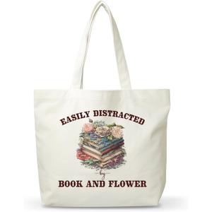 Women Book And Flower Canvas Tote Bag, Funny Gifts For Reading Lovers, Reusable Grocery Folding Shopping Tote, Aesthetic Shoulder Bag, Thanksgiving Christmas Gifts For Friends Colleagues -A11