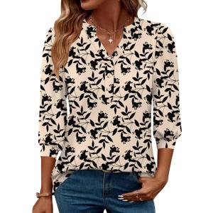 Rapbin 3/4 Length Sleeve Womens Tops 2025 Summer Fall Henley V Neck Button Down Tunic Shirts Casual Business Blouses (M)