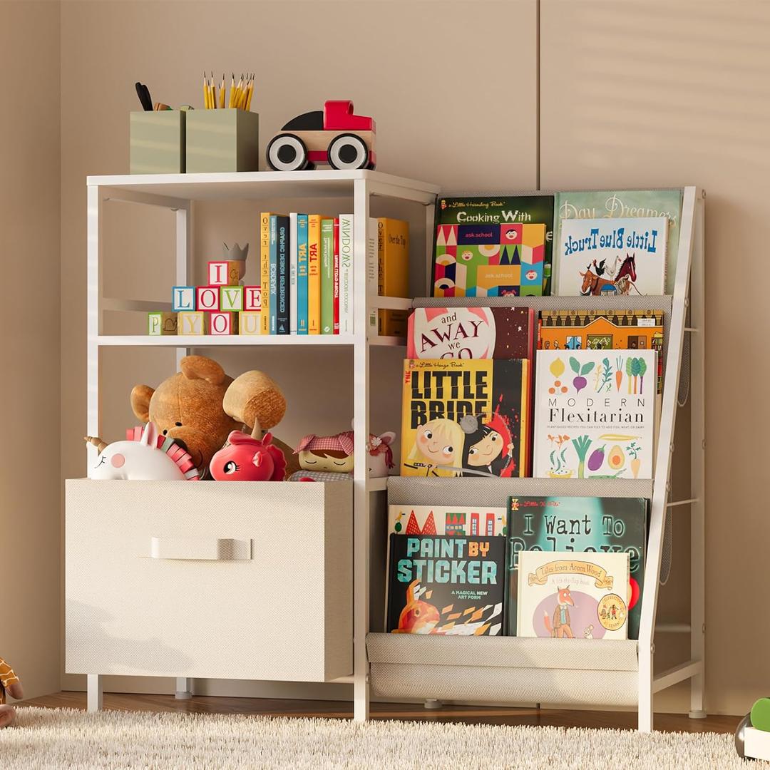 Kids Bookcases Montessori Bookshelf Nursery Book Shelves And Toy Storage With Drawer Childrens Toddler Bookshelf Sturdy Metal Kid's Toy Storage Organizer For Kids' Rooms Playroom kindergarten (2 side)