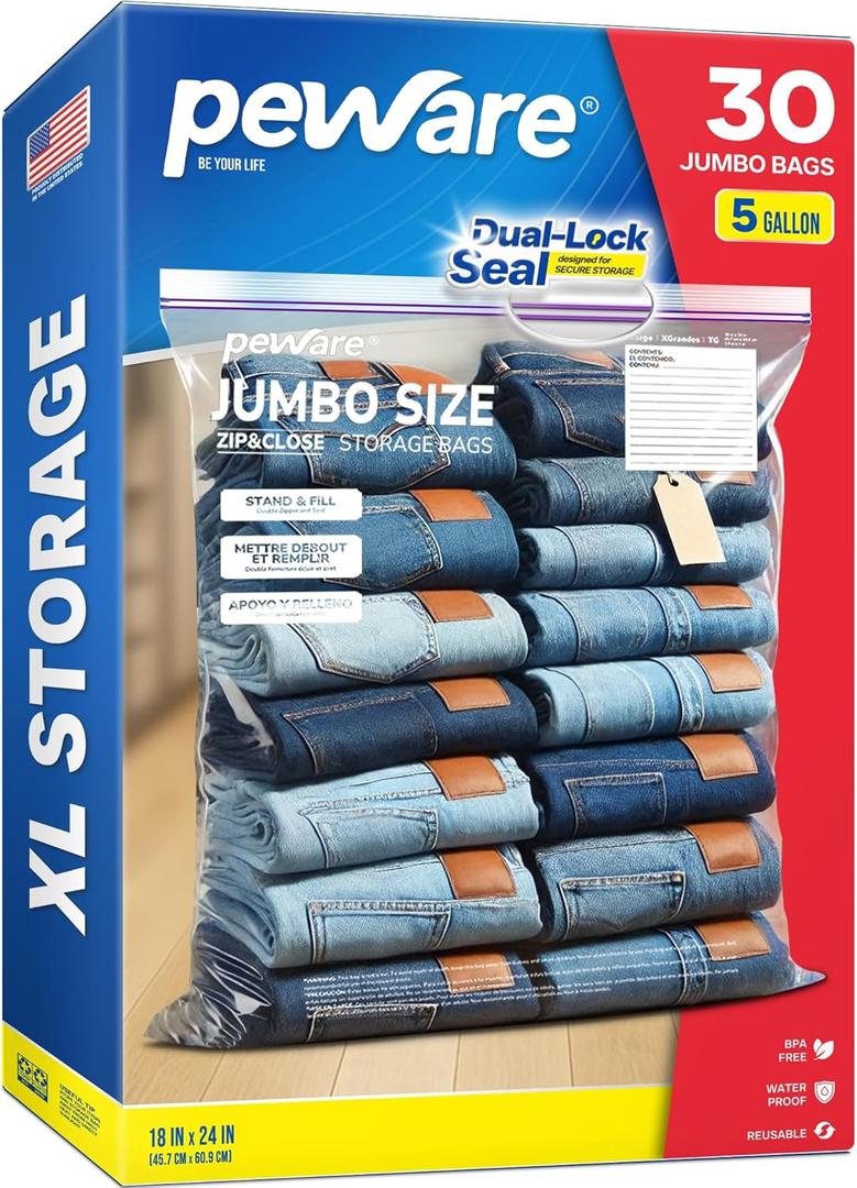 Large Storage Bags, 18"x24" Jumbo Plastic Bag, BPA Free, 5 Gallon XL Zipper Lock Baggies for Clothes Pillow Travel Moving - 30 Jumbo Bags