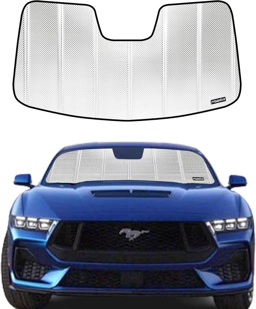 Windshield Sun Shade for Ford Mustang 2015-2023 with Rearview Mirror Mounted Camera. Reflective Aluminum Film Front Window Sunshade - BLAZBLOCK (Shiny SilverClassic)