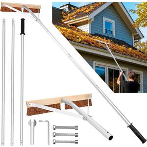 Leaf Roof Brush and Roof Rake, Adjustable Length Roof Cleaning Tool, Remove Roof Leaves Safely, with Natural Brush Head, Lightweight, Easy to Use & Store (21ft)