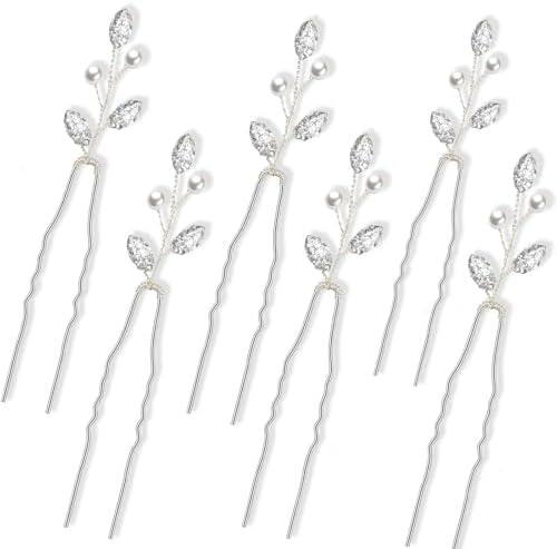 Syhood 6 Pieces Pearl Crystal Bridal Hair Pins Rhinestone Flower Wedding Hair Pins Prom Accessory for Women Wedding Hairstyles(Silver)
