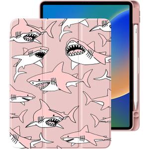 Cute Cool Shark for iPad 10th Generation Case 10.9 Inch 2022 with Pencil Holder, Foldable Pink Leather Cover Case, Support Auto Sleep Wake