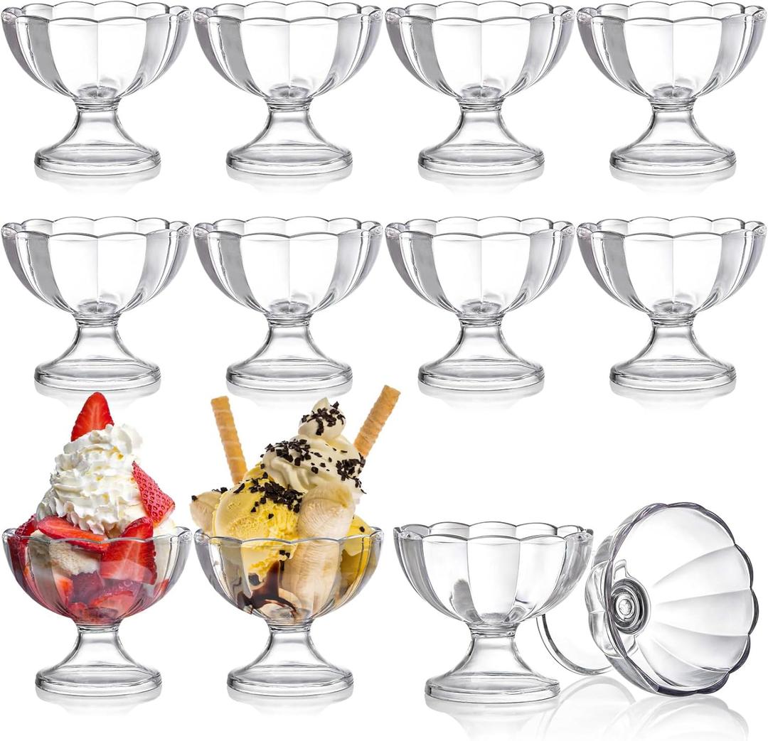 Set of 12 Ice Cream Bowl Set, 8 Ounce Plastic Dessert Bowls, Clear Footed Dessert Cups, Ice Cream Cups Bowls for Sundae, Milkshakes, Parfait, Pudding, Fruit