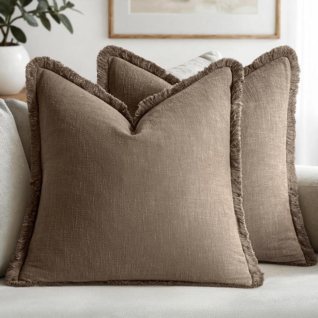 MIULEE Decorative Throw Pillow Covers Neutral Linen Fringe Throw Pillows Set of 2 Cocoa Brown Boho Farmhouse Cushion Covers for Couch Sofa Bed Living Room Spring Home Decor 18x18 Inch
