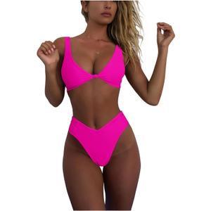geluboao Bikini Set for Women Solid V Neck Knot Front Push Up High Leg Thong Two Piece Swimsuit (Large, Rose)