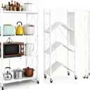 Foldable Storage Shelves with Wheels, 4-Tier Folding Metal Rack Shelving Unit, Rolling Collapsible Organizer Frame No Assembly Pop Up Shelf for Kitchenware, Tools, Books, Plants Storage White