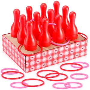 Leitee 33 Pcs Valentine Bottle Toss Game Bowling Set Red White Heart Box 12 Plastic Bowling Pins 20 Throw Toss Ring for Valentine's Day Party Backyard Outdoor Indoor Yard Activity Carnival Game
