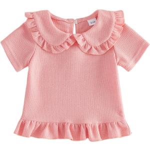 Baby Girl Casual Waffle Shirts Doll Collar Short Sleeve Ruffle Tops Toddler Girls Summer Basic Tees Kid Blouse (Pink)