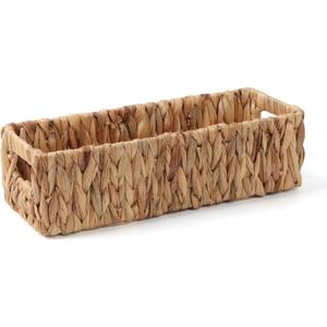 Wicker Storage Baskets with Handle Water Hyacinth Basket for Organizing Decorative Storage Bins for Countertop Toilet Tank Boho Rectangular Home Organizer (Natural, 14.5" x 5.5" x 4.1")
