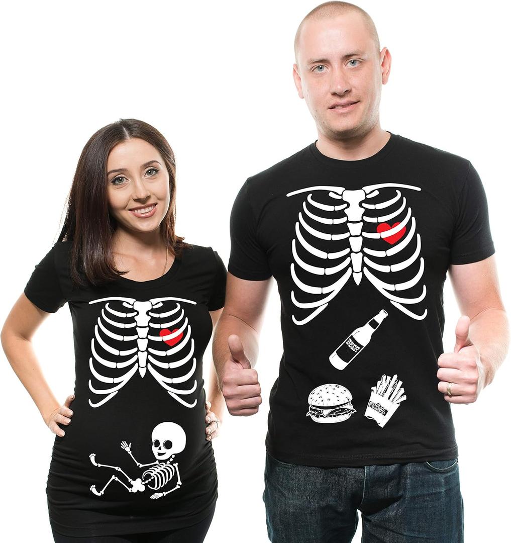 Skeleton Maternity Halloween Couple Matching Shirts Dad and Mom Costume Tee Shirts Pregnancy Tees X-ray T-Shirt (Men-Large/Women-Large, Black)