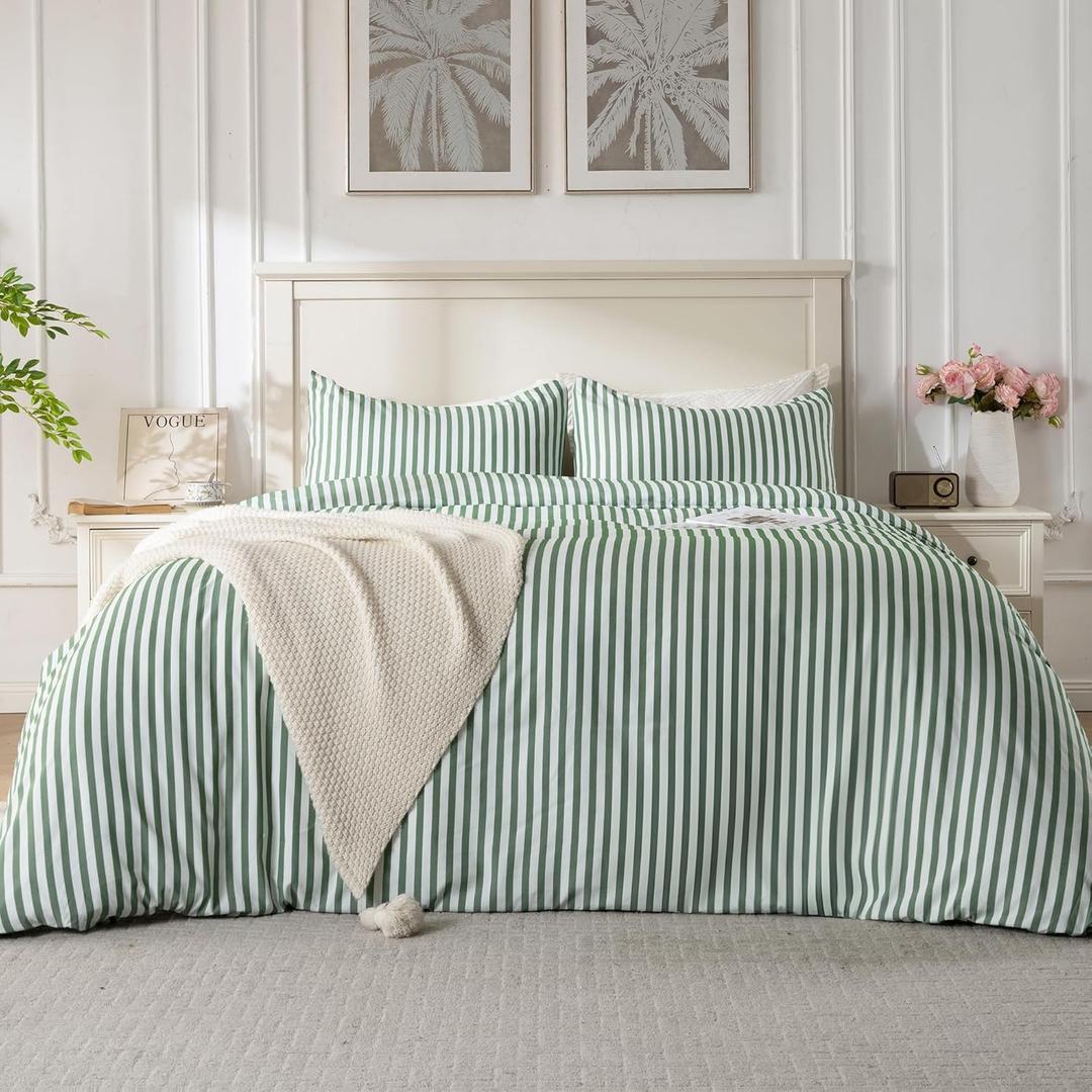 ROSE&RISY Green Queen Duvet Cover Set, 3 Pieces Soft Bedding Queen Set, Breathable and Cooling,Includes 1 Duvet Cover, 2 Pillow Cases(Green Stripe, Queen)