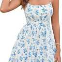 Women Spaghetti Straps Dress Summer Cute Dresses Corset Square Neck Short Flowy Mini Sundresses for Vacation (Blue, XL)