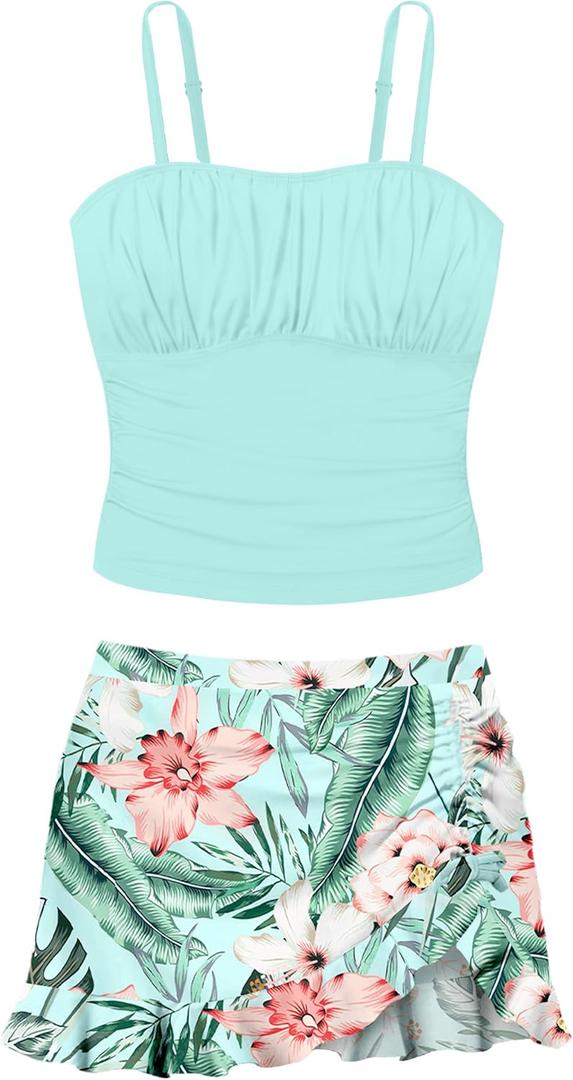 Girls Tankini Swimsuits Two Piece Tropical Print Pleated Bathing Suit with Ruffle Drawstring Skirt Swimwear (13-14 Years, Blue Plant)