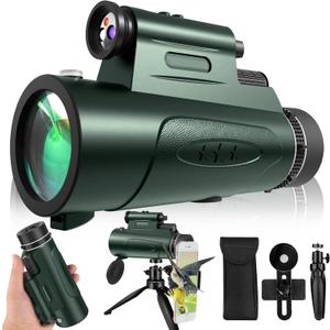 Monocular Telescope with Lights HD Monoculars 80x100 for Adults High Powered Monocular with Smartphone Holder & Tripod, Handheld Telescope Suitable for Bird Watching Stargazing-Green