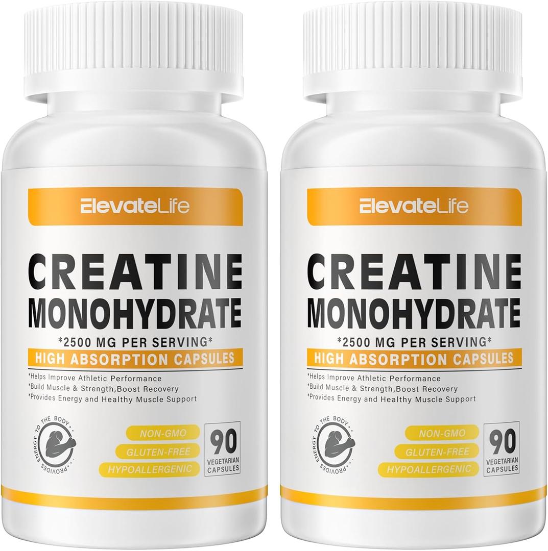 ElevateLife Creatine Monohydrate 2500mg, 180 Capsules - Gluten Free, Non-GMO (90 Count (Pack of 2)),  EXP 07/2026