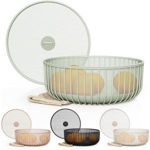 LIBKEN Metal Fruitbasket with Mesh Lid and Basket - Fruit and Vegetable Holder For Kitchen Counter - Countertop Display Baskets Organizer - Bowl Storage for Veggie, Fruits, Snack, and Banana - Green