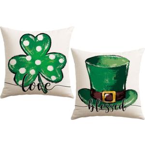 Artscope St Patricks Day Clover Green Hat Throw Pillow Covers 18x18 Inch Set of 2, Polka Dot Shamrock Holiday Decoration Pillow Cases for Home Sofa Couch