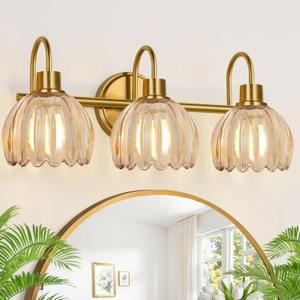 Bathroom Light Fixtures (3-Light, 20 in), Brushed Gold Vanity Lights for Bathroom with Ribbed Amber Tulip Glass Shade, Vintage Vanity Wall Lights for Mirror Bedroom Living Room Hallway