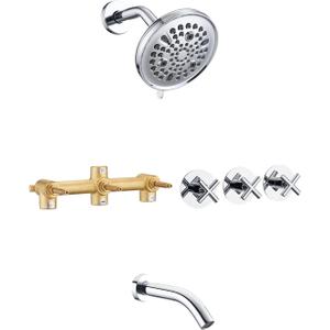 PROOX 3 Handle Tub Shower Faucet Set, 9-Setting Rainfall Shower Head with Tub and Shower Trim Kit with Rough-in Valve, Polished Chrome Bathtub Shower Faucets, Wall Mounted Bathroom Rain Shower System