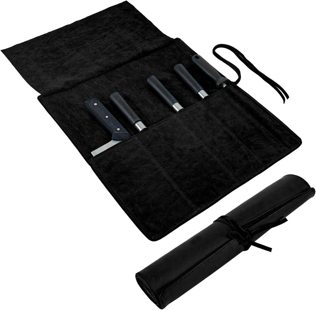 Genuine Leather Knife Roll, Knife Bags for Chefs Professional, Small Chef'S Knife,Knives Holders Protectors with 5 Slots (Black)