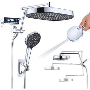 PDPBath 14 Inch Rain Shower Head with 5+1 Settings Handheld Spray Combo, High Pressure Rainfall Shower Head with 16'' Upgrade Adjustable Extension Arm, 79" Extra Long Hose, 3-Way Diverter, Chrome