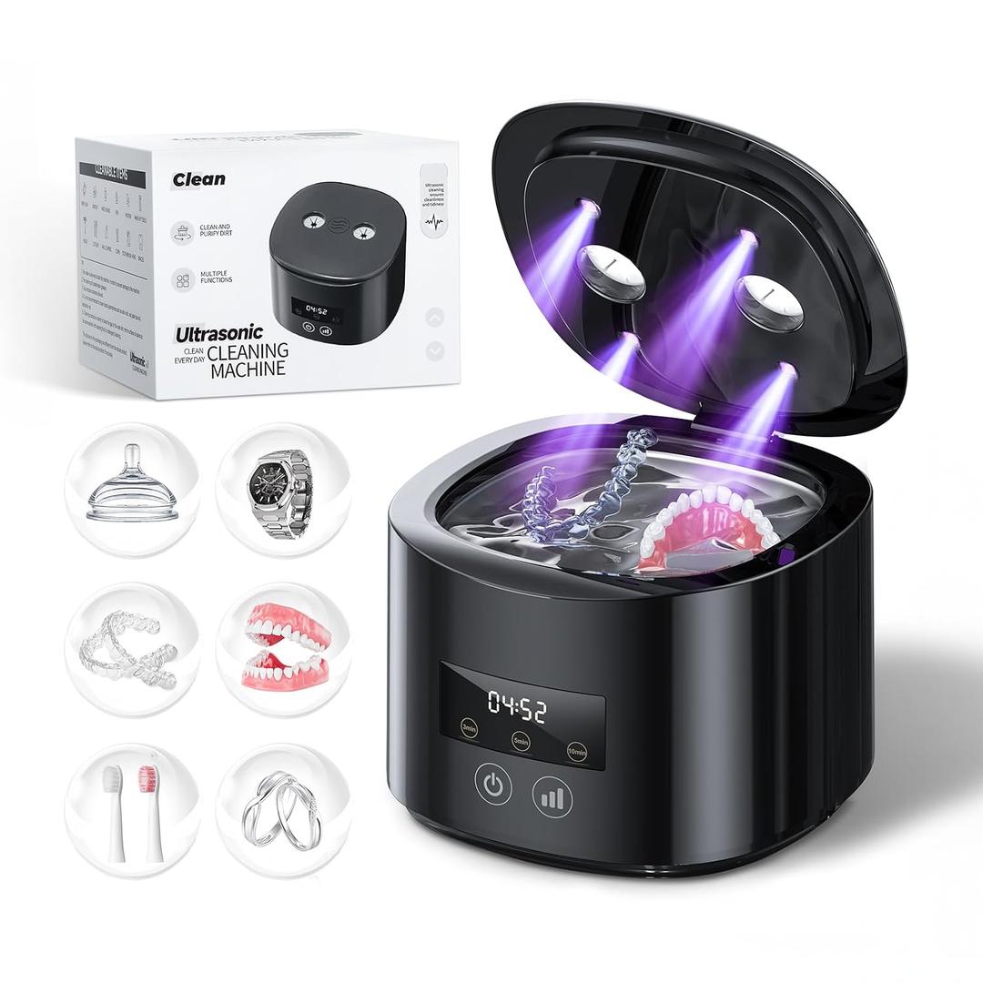 Ultrasonic Retainer Cleaner Machine, 50kHz Dental Cleaning Pod with 4 U-V Lamp for Night Guards, Braces, Aligners, Toothbrushes, Mouth Guards, Jewelry, 340ml Rechargeable Ultrasonic Denture Cleaner