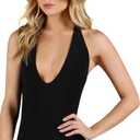 SweatyRocks Women's Y2k Sexy Deep V Neck Halter Bodysuits Backless Low Cut Plunge Bodysuit Going Out (Plain Black, S)