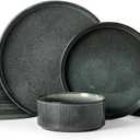 Famiware Star Dinnerware Set, Plates and Bowls Sets for 4 (12pcs), Ribbed Stoneware Dishes - Chip & Scratch Resistant, Microwave & Dishwasher Safe, Deep Forest