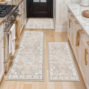 Washable Kitchen Rug Set of 3: Boho Non-slip Soft Stove Sink Mat Light Weight Stain Resistant Carpet for Dog Bowl Area Comfort Tile/Hardwood Floors Protection Mat for Entryway Foyer (2x3+2x4+2x5, Beige)