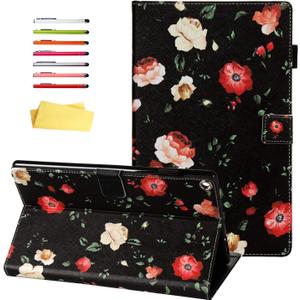 for Amazon Kindle Fire HD 10 Case 10.1 inch Tablet 9th/ 7th Generation (2019/2017) with Pencil Holder/Card Pockets [Auto Wake/Sleep] Smart PU Leather Folio Stand Cover, Black Rose Flower