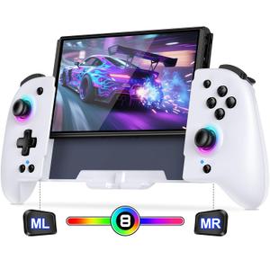 Spican Switch Controllers for Nintendo Switch/OLED, Full-Size Switch Joy-pad for Better Handheld Mode, Switch Accessories Wireless Pro Controller with RGB Light/Battery/Turbo/Macro/4 Game Slot (6.2"/7", White)