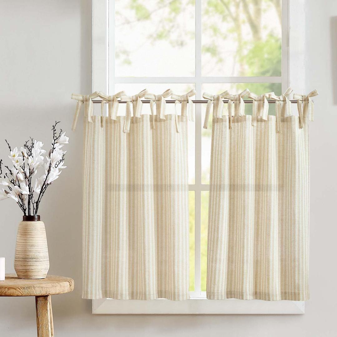 Jinchan Tie Top Linen Kitchen Curtains 36 Inches Striped Tier Curtains Farmhouse Modern Cafe Style Small Window Treatments Airy Light Filtering Rod Pocket for Living Room Bathroom 2 Panels Beige