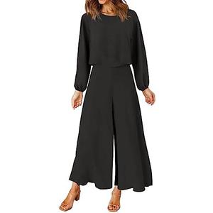ROYLAMP Women's Summer 2 Piece Outfits Round Neck Crop Basic Top Cropped Wide Leg Pants Set Jumpsuits M