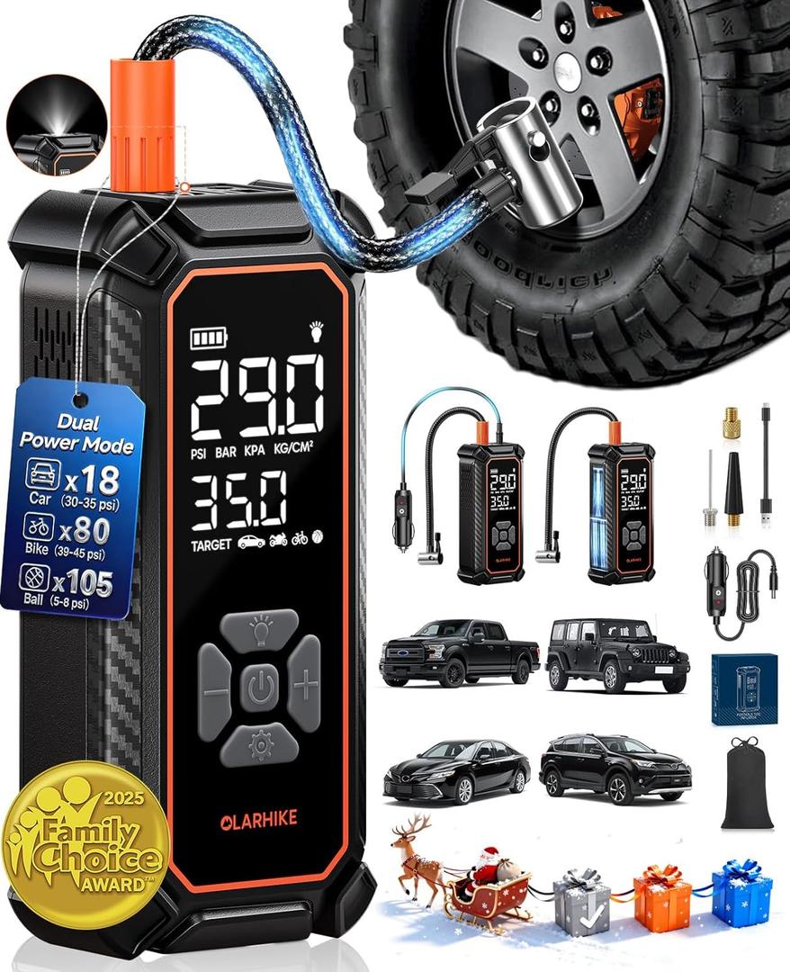 OlarHike Cordless Tire Inflator Portable Air Compressor, 150PSI Dual Power_6000mAh & 12V DC, Air Pump for Car Tires, Bike, Motorcycle, with LED & Digital Pressure Gauge, Gifts for Men & Women (6000mah with Cable (Car&SUV&Light Pickup))