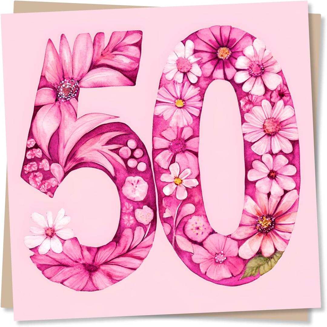 Beautiful Pink 50th Birthday Card - Floral Pink Design - 50th Birthday Card For Women, Woman, Female, Mum, Aunty, Friend