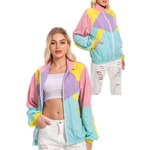 80s Windbreaker Jacket for Women, Retro Color Block Casual Coat Neon Long Sleeve Outerwear (L)