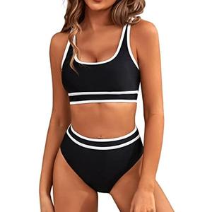 BMJL Women's High Waisted Bikini Sets Sporty Two Piece Swimsuits Color Block Cheeky High Cut Bathing Suits Size M