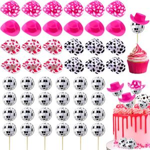 Cowgirl Cake Decoration Cowgirl Cake Topper, 24Pcs Shiny Disco Ball 24Pcs Mini Pink Cowgirl Hats for Western Theme Party Cowgirl Birthday Party Supplies